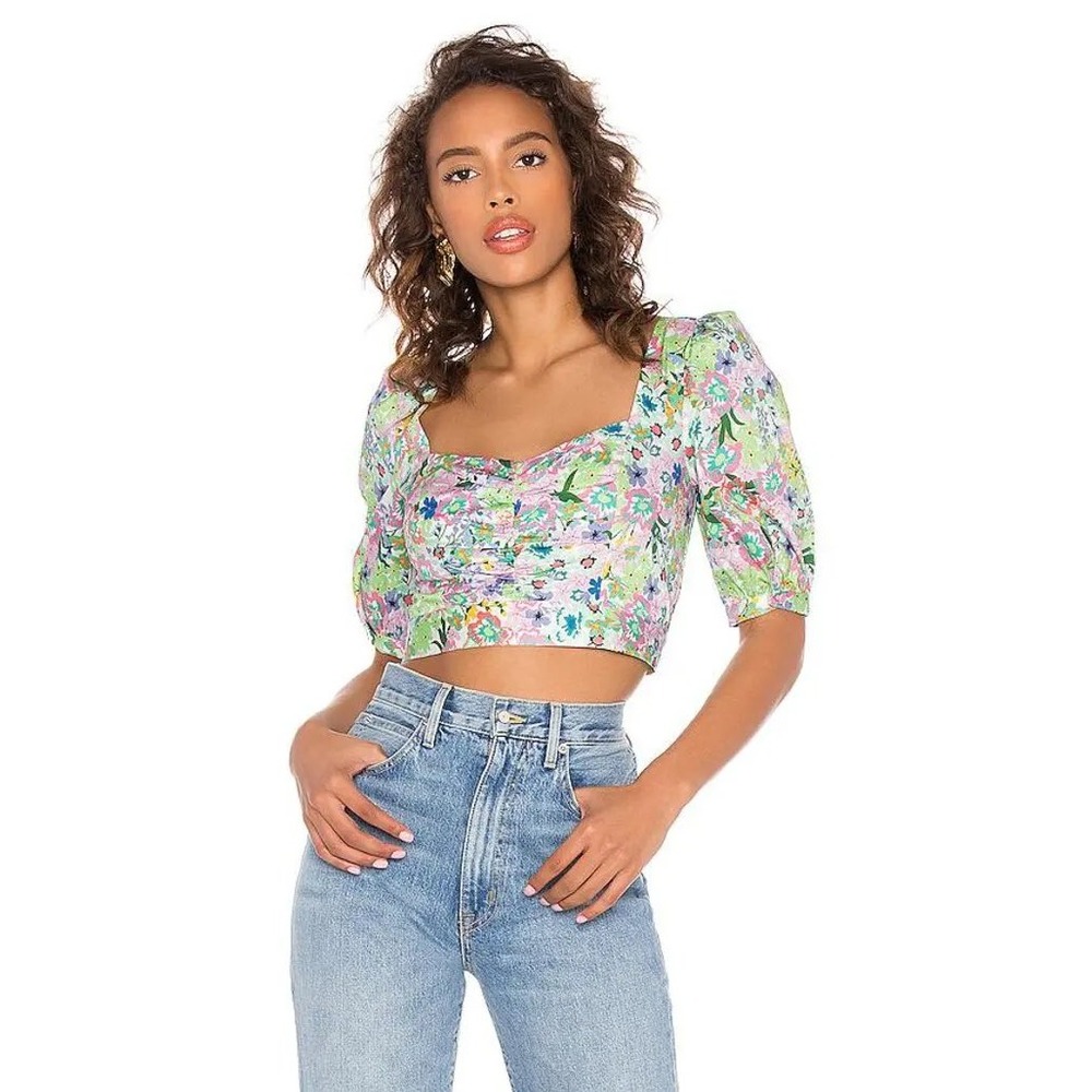 For Love & Lemons Jardine Floral Puff Sleeve Smocked Crop Top XS Sweetheart